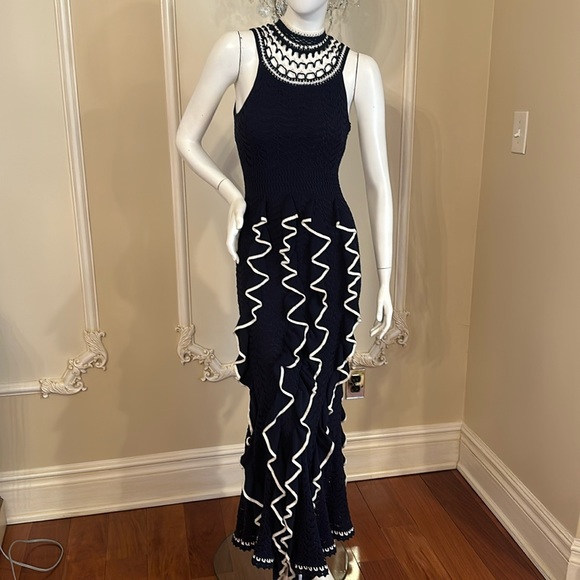 BCBG MAXAZRIA DARK NAVE COMBO RUFFLE LONG DRESS